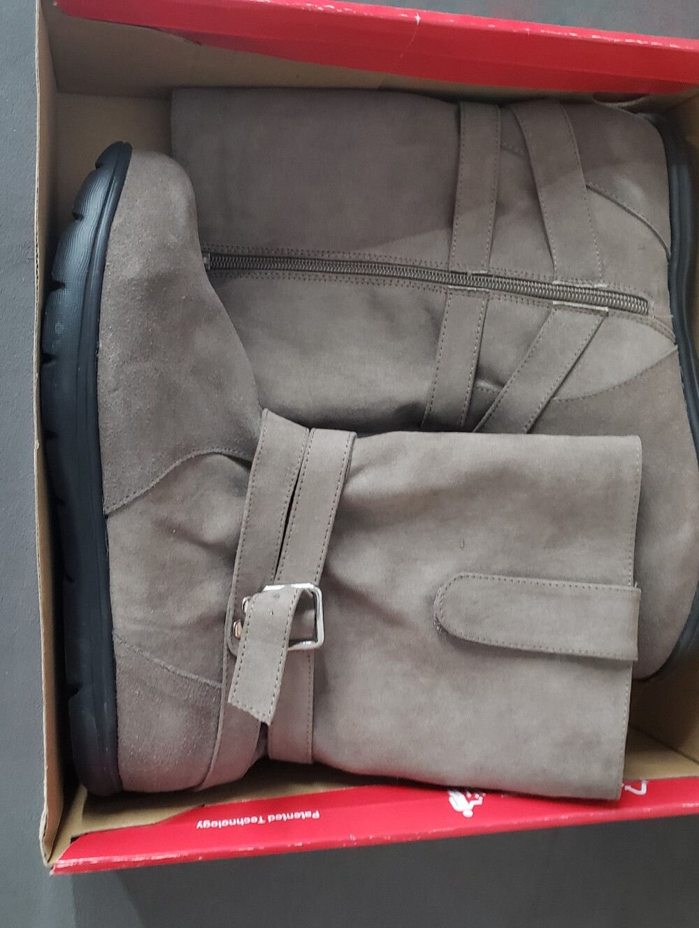 Women's Taupe Suede Ankle Boots with Side Zip and Buckle